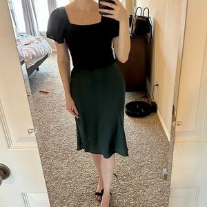 MIDI forest green satin midi skirt with slit